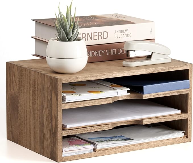 KIRIGEN Wooden Desktop Organizer Paper Storage Letter Tray File Sorter with 3 Layer Trays - Desk Rack Magazine File Dividers Holders for Home Office Accessories Dark Brown (3KWJG-DBR)