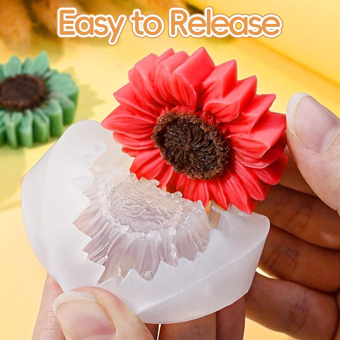 4 Pcs Sunflower Candle Molds, 3D Flower Fondant Chocolate Cake Cupcake Topper Decoration Silicone Mold, DIY Tealight Candle Soap Wax Epoxy Resin Concrete Casting Polymer Clay Craft