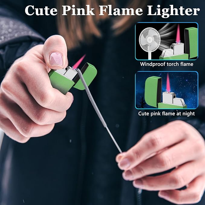 2 Pack Pink Flame Torch Lighter,Cute Lighter,Refillable Butane Lighter, Windproof Torch Lighter for Outdoor Camping BBQ Candle,Nice Gift for Women Girls on Birthday,Anniversary Green Without Butane