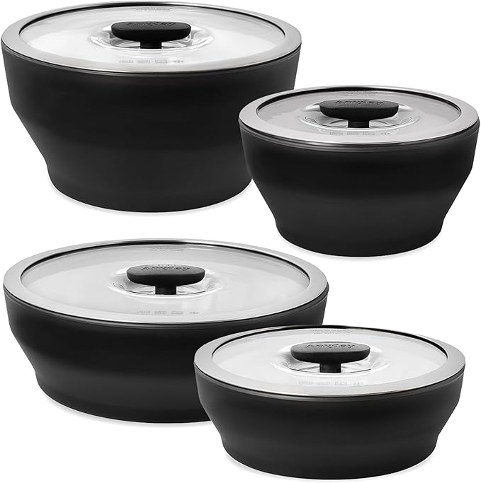 Anyday Onyx Collection 8-Piece Microwave Cookware Set | Glass Food Storage with Glass Lids | Plastic-Free Meal Prep | Microwave Steamer & Stackable Airtight Storage Container with Vented Lid