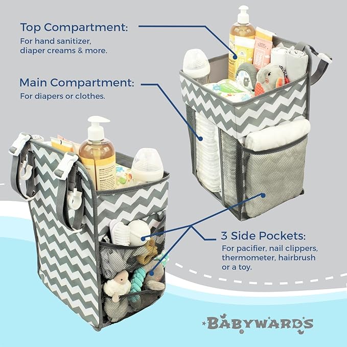 Hanging Diaper Caddy Organizer - Large Nursery Storage for Essential Newborn Baby Items - 2 Compartments, 3 Mesh Pockets - Durable Hooks to Hang on Bassinet, Changing Table, Crib