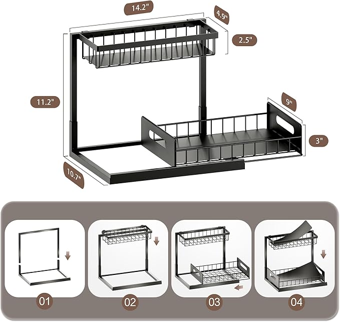 VUSIGN Under Kitchen Sink Organizer, 2 Tier Metal Slide out Sink Shelf Pull out Cabinet Organizer Drawers for Bathroom Kitchen Laundry, 2 Pack, Black