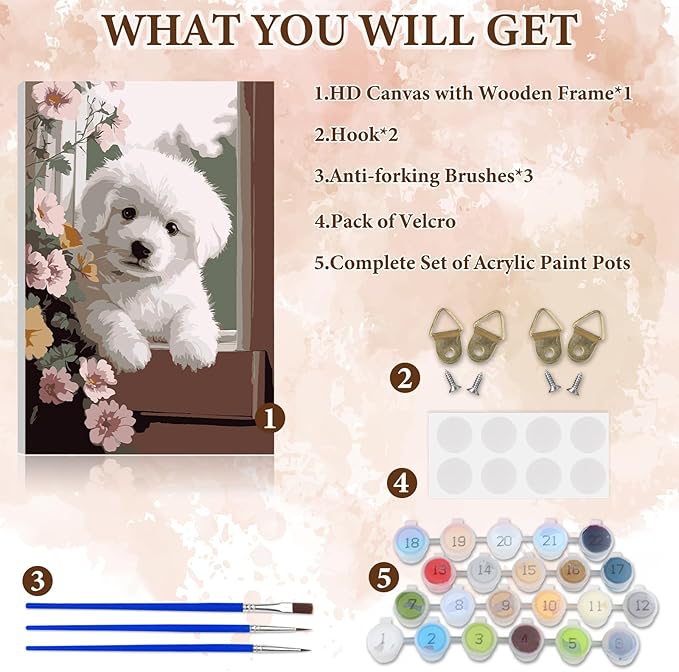 NAIMOER Dog Flowers Paint by Numbers Kits for Adults Beginner with Wooden Framed, Color by Numbers on Canvas Painting Kits for Adults, Easy Paint DIY Acrylic for Home Wall Decor 8X12 Inch