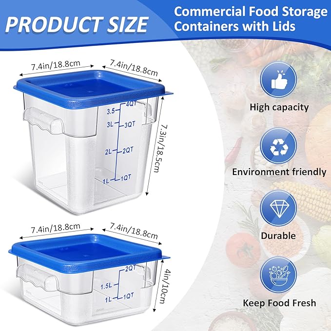 Yungyan 16 Pcs Restaurant Food Storage Containers with Lids Set 2Qt and 4Qt Commercial Restaurant Square Storage Containers Clear Food Cereal Container for Kitchen Freezer (Blue Lids)