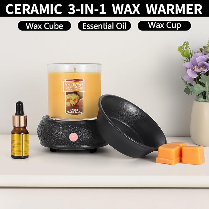 mocosa Wax Melt Warmer Ceramic Wax Warmer,3-1 Candle Wax Warmer for Scented Wax Burner Electric Wax Melter as Gifts for Moms Grandma Women Girls(Black)