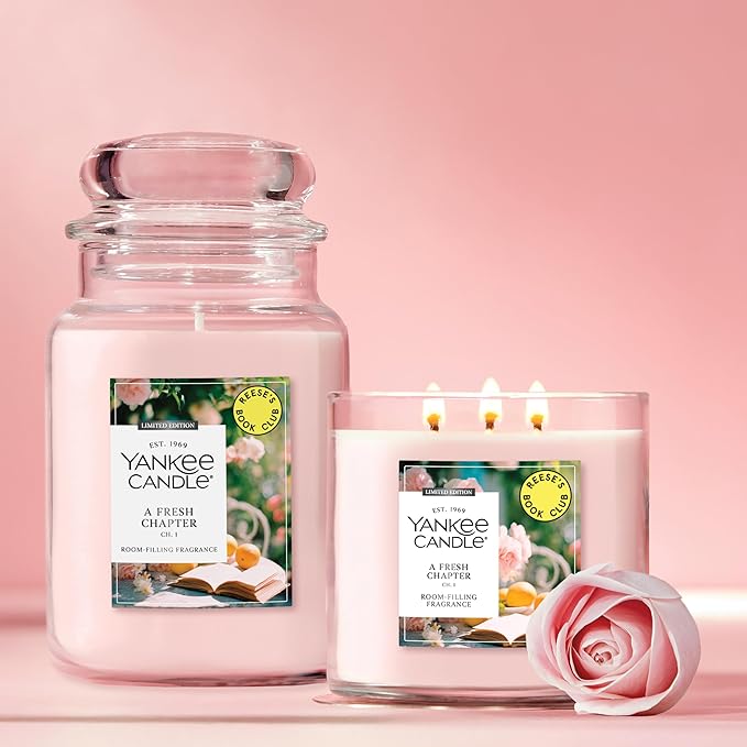 Yankee Candle x Reese’s Book Club, A Fresh Chapter, Spring Scented Candle, Bright Pomelo Scent, Blooming Rose Scent, 14.5oz 3-Wick Candle Jar with up to 40 Hours Burn Time, Giftable