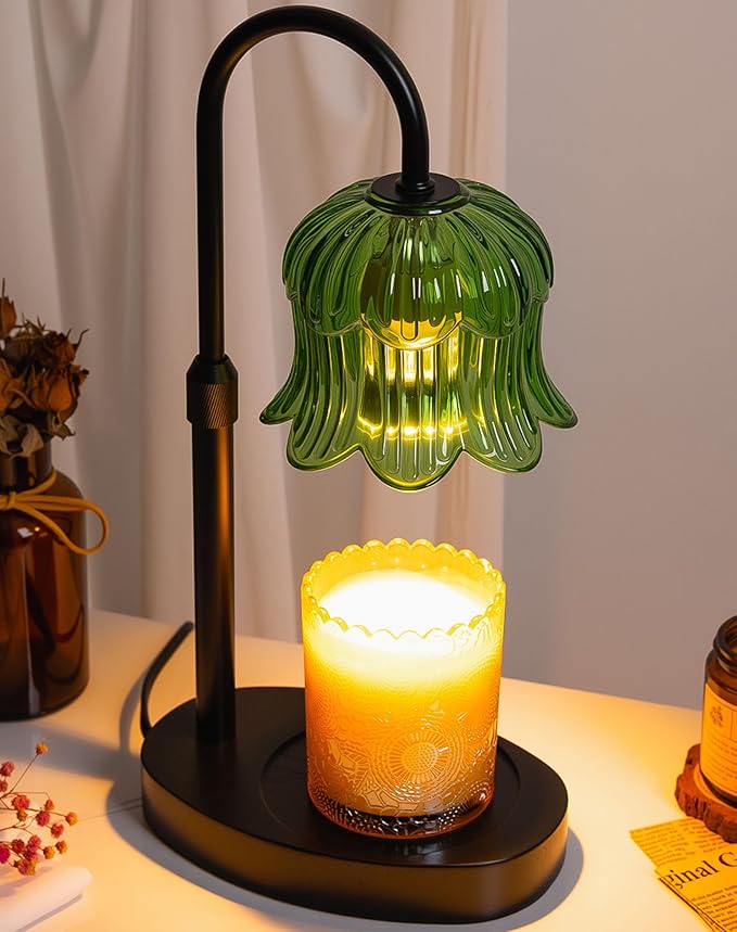 Warlisou Adjustable Candle Warmer Lamp with Timer - Green Lampshade + Black Base