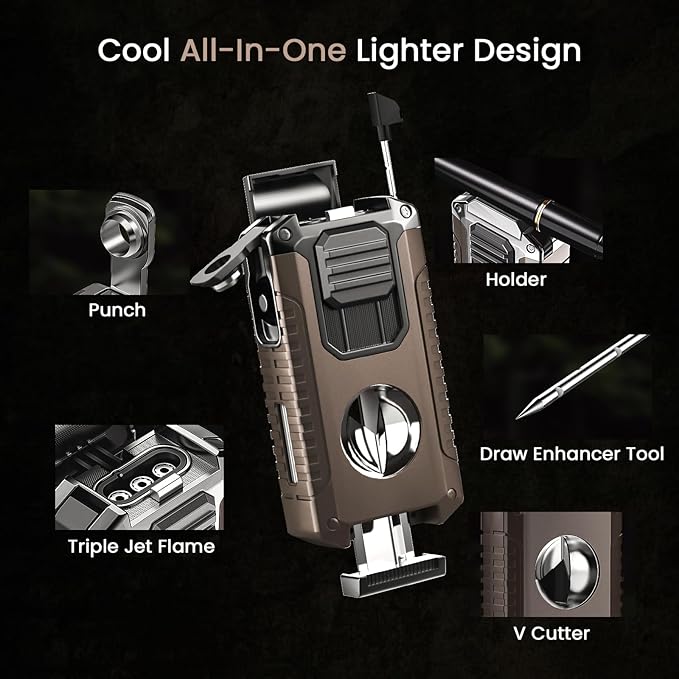 5-in-1 Torch Lighter with Triple Jet Flame, Built-in Tool, Punch, Holder, and Draw Enhancer Tool, Windproof Cool Lighters with Gift Box for Men, Refillable Butane Lighter for Candle, Travel