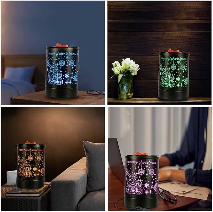 Enaroma Fragrance Wax Melts Warmer with 7 Colors LED Changing Light Classic Black Forest Design Scent Oil Candle Warmer for Home Black Christmas