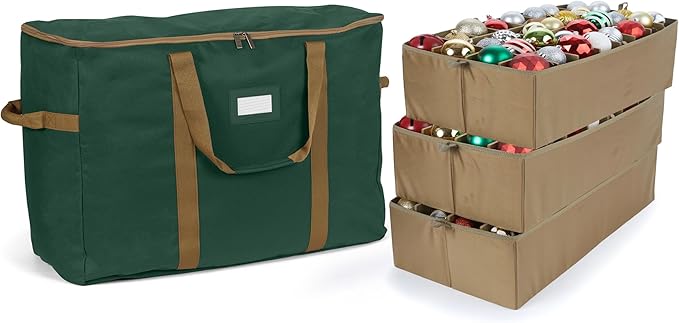 Covermates Keepsakes Adjustable Ornament Storage Bag – Heavy-Duty Polyester, Padded Dividers & FlexGrid Trays – Protective Holiday Ornament Organizer with Handles & Label Window, Green
