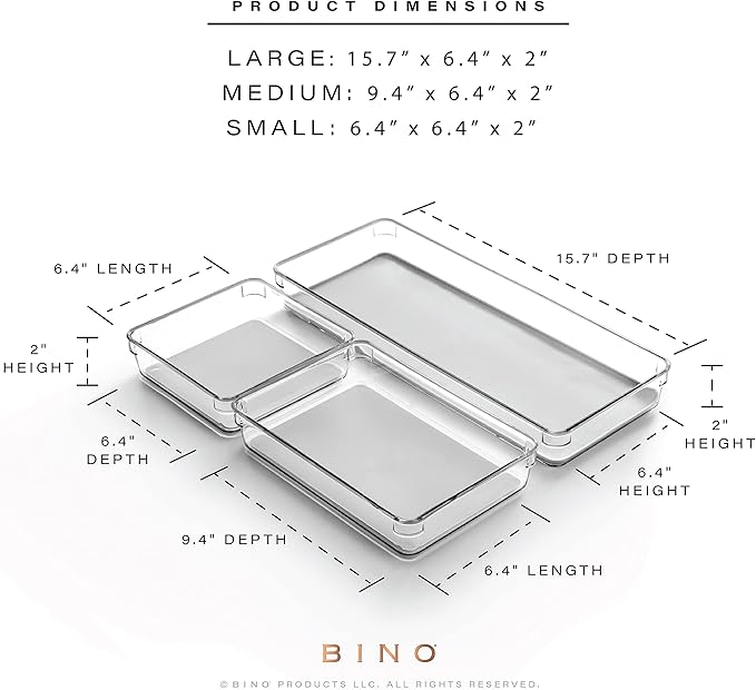 BINO | 3-Piece Drawer Organizer Bin Set - Grey, Large | THE MODULAR+ | Multi-Purpose Storage | Soft-Grip Lining and Non-Slip Rubber Feet | Durable | BPA-Free | Desk Drawer Organizer | Vanity Organizer