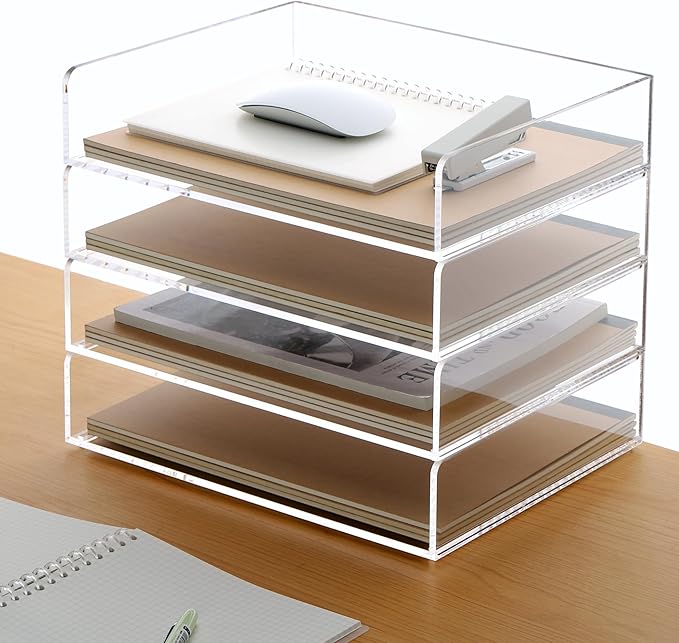 Acrylic Paper Tray, 4 Tier Paper Organizer for Desk, Clear Acrylic Desk Organizers, Stackable Letter Tray Workspace Organizer -Art Storage for School Classroom -4 Pack…