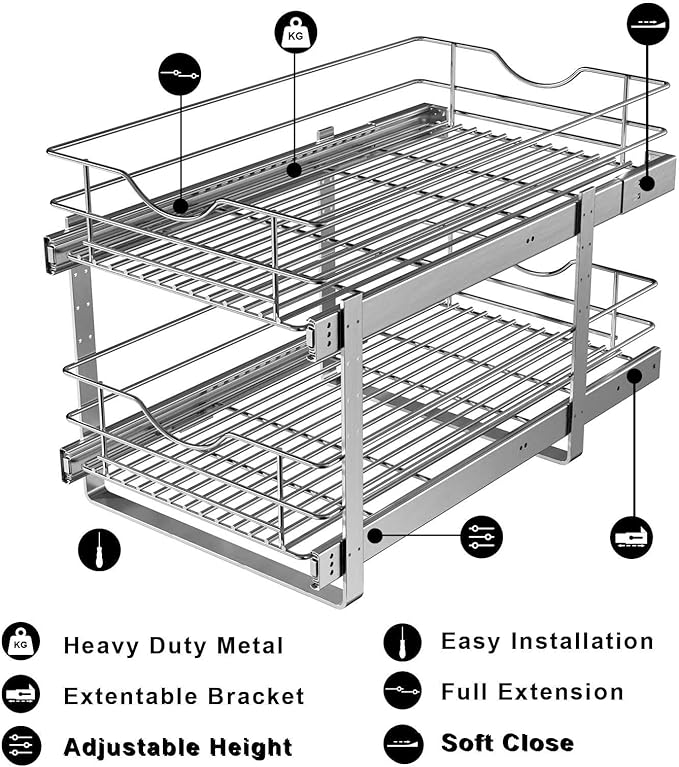 2 Tier Pull Out Cabinet Organizer,(14½"W x 22" D) Soft Close Slide Out Drawer For Kitchen Base Cabinet, Individual Pull Out Shelf, Roll Out Pantry Organization, 22 Inch Deep