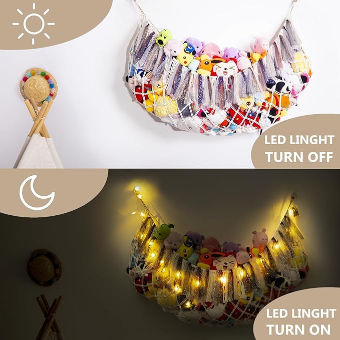 Large Stuffed Animal Net or Hammock with Light Wall Hanging Organizer for Kid Room Toy Storage Net Bedroom Playroom Plush Toy Holder-Cream