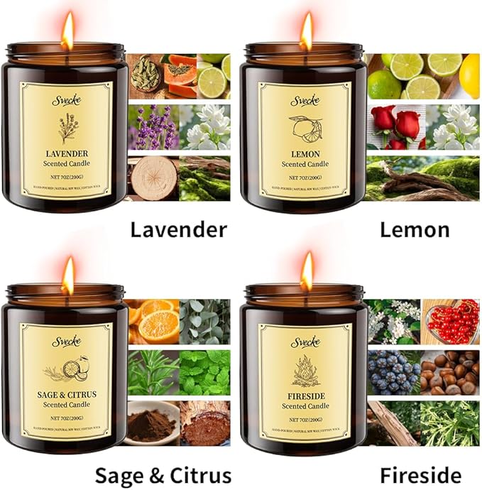 4 Pack 28oz Scented Candles, Soy Wax Jar Candles, Lemon, Lavender, Sage & Citrus, Fireside, Scented Candles for Home, Fall Candles for Women, Men, Candle Gift Set