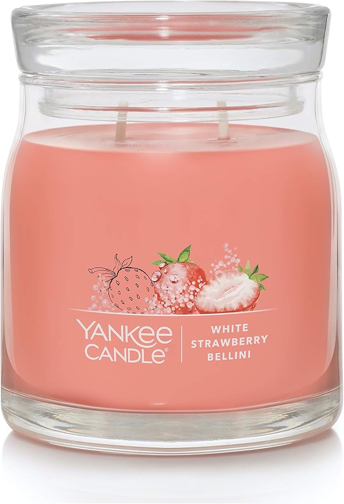 Yankee Candle White Strawberry Bellini Scented Signature 13oz Medium Jar 2-Wick Candle Over 35 Hours of Burn Time