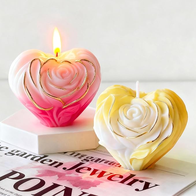 Rsoe Candle Molds, 3D Heart Shaped Rose Flower Silicone Molds for Candle Making, Handmade Soap, Love Roses Resin Casting, DIY Home Decor Valentine's Day Mothers Day Gift