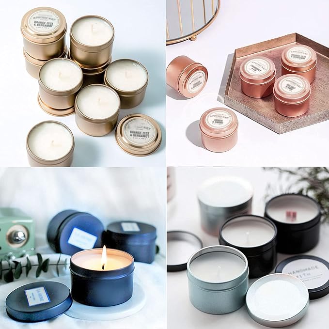 Unixing 24Pcs 4oz Candle Tins for DIY Candle, Metal Candle Container Tins for Candle Making Dark Blue Light Blue Champagne Rose Gold Container Tins