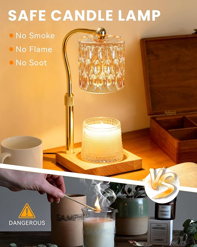 Candle Warmer Lamp Adjustable Height with Timer Dimmer, Dimmable Glass Wax Melt Warmer Light for Scented Jar, Present for Women Candle Lovers Christmas House Warming Home Decor Brithday, Amber
