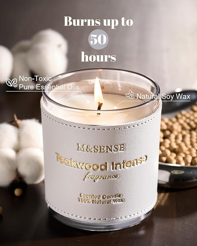 M&SENSE Teakwood Scented Soy Candles, Vegan Non Toxic 10oz 42-Hour Clean Burn, Relaxing Aromatherapy Candle for Stress Relief, Spa, Meditation, Men Valentines Candle Gifts for Him