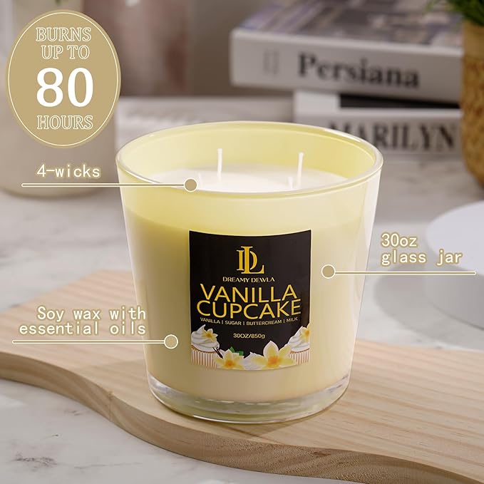 Large Candle Vanilla Cupcake Scented, 4 Wick Natural Soy Candles for Home Scented, 30oz Big Candle Long Lasting, Home Aromatherapy Candles Housewarming Gift for Women Men
