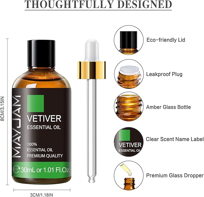 MAYJAM Vetiver Essential Oil 30ML, Pure Vetiver Oil Essential Oils for Aromatherapy, Candles, Soaps(1.01FL.OZ)