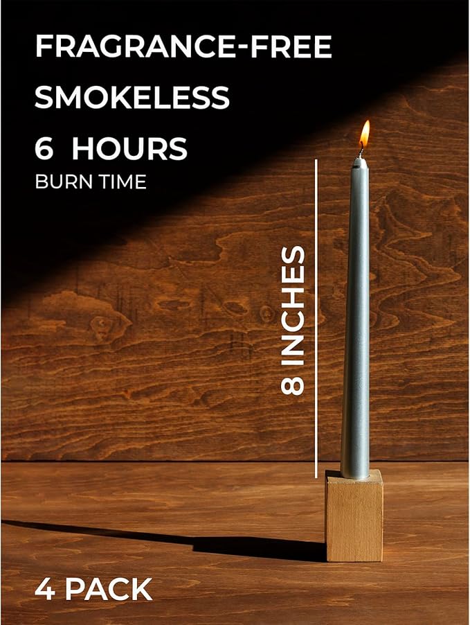 CANDWAX 8 inch Silver Taper Candles - Set of 4 Dripless Long Burning Fragrance-Free Candlesticks