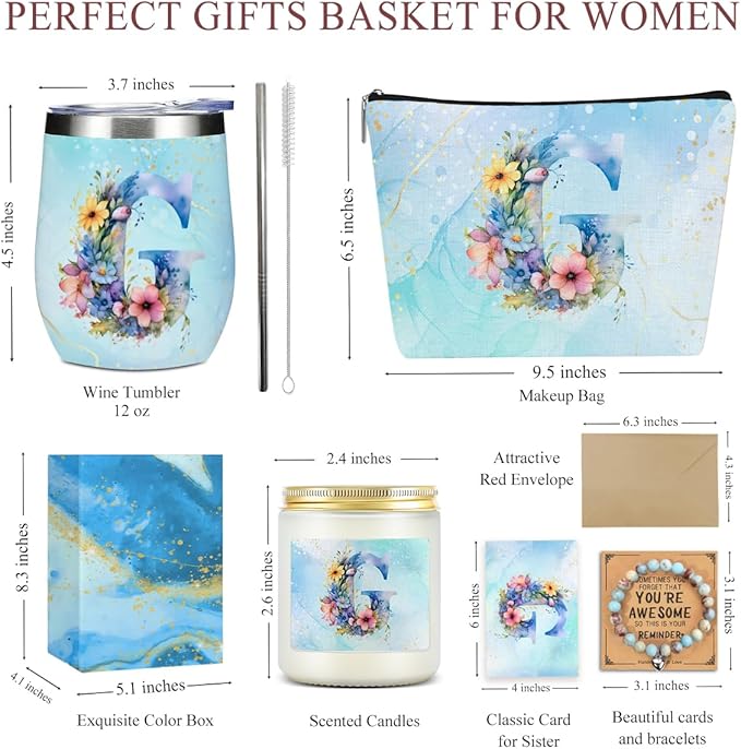 Personalized Gifts Monogrammed Birthday Gifts for Women, Her Employee Housewarming Christmas Initial Wine Tumbler Makeup Bag Scented Candle Bracelet Set, (Aesthetic Blue Flower G)