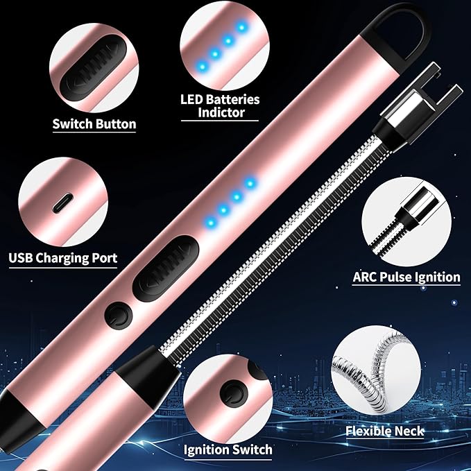 2-Pack Rechargeable Electric Candle Lighters, Flameless Windproof Long Lighter with 360° Flexible Neck and LED Display for Candles, Camping, BBQ & Fireplace (Rose Gold)
