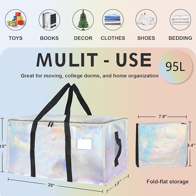 8 Pack-Extra Large Heavy Duty Moving Bags - Waterproof Storage Totes with Handles & Zippers, Foldable for College Dorm, Storage (Shiny Color)