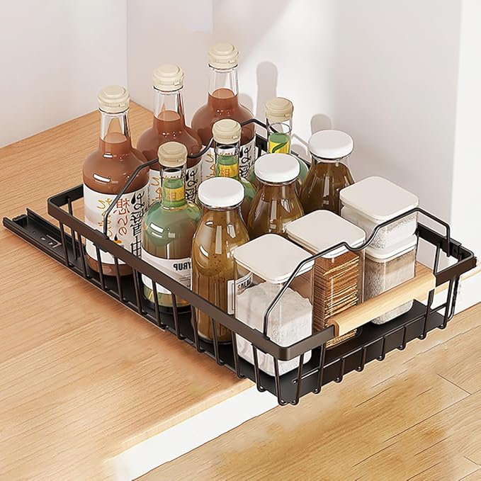 2 Pack No Drill Pull Out Cabinet Organizer, Premium Carbon Steel Slide-Out Drawer with strong nano adhesive, Under Cabinet Storage Shelf for Kitchen, Pantry, Bathroom, Black