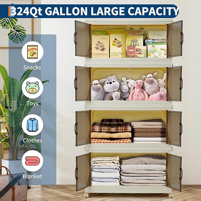 Garvee 324QT Stackable Storage Bins, Plastic Bins for Storage with Lids, Plastic Storages Drawers with Magnetic Doors & Wheels, Foldable Collapsible Closet Organizers for Home, Dorm, Office, White