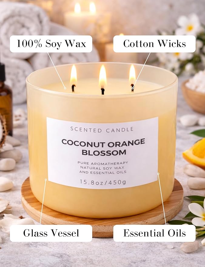 Coconut Orange Blossom Scented Candle - Large 3-Wick Aromatherapy Soy Candle, 15.8 oz - Highly Scented, Clean Burning, Long Lasting Home Fragrance Gift for Women & Men