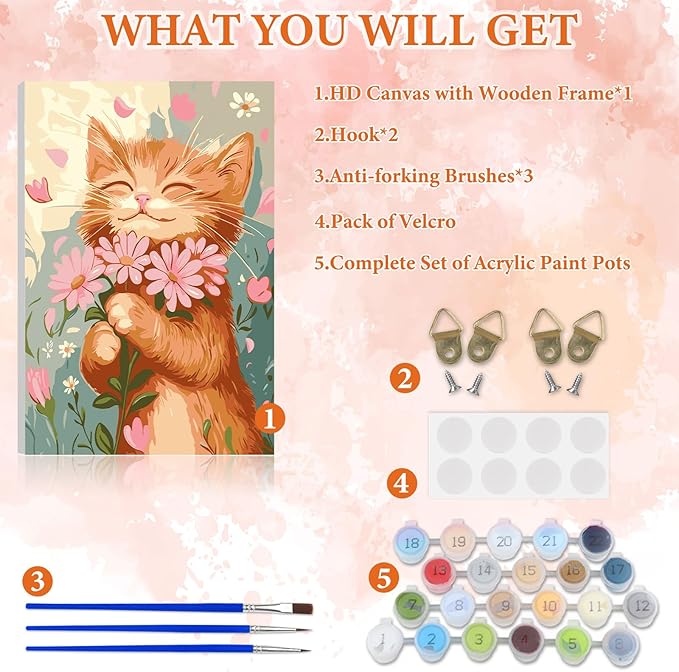 NAIMOER Cat Flower Paint by Numbers Kits for Adults Beginner with Wooden Framed, Color by Numbers on Canvas Painting Kits for Adults, Easy Paint DIY Acrylic for Home Wall Decor 8X12 Inch