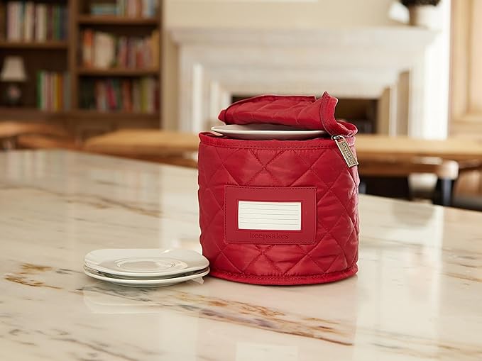 Covermates Keepsakes Dish Storage Case – Padded China & Dinnerware Organizer, Quilted Polyester Protection, ID Window, Zipper Closure, Machine Washable, Red