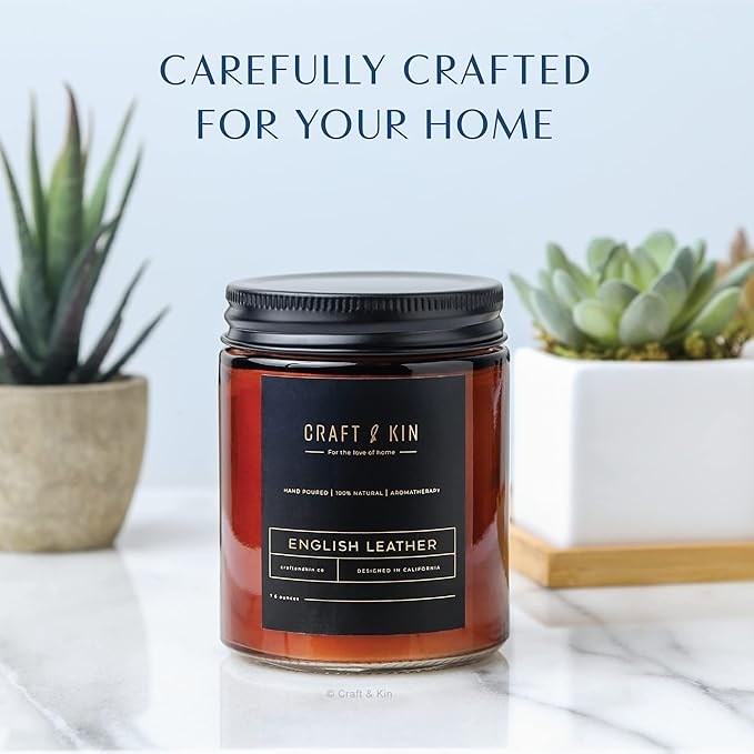 Craft & Kin Scented Candle for Men | Premium English Leather Candle | All-Natural Scent for Home | Long Lasting Winter Candles, 45-Hour Burn Time, 8oz