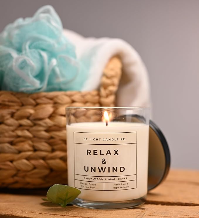 Sandalwood Candles | Purpose-Driven Soy Scented | Fragrance for Home | 8oz Long Lasting Scented | Non-Toxic | Aromatherapy | Gifts for Women | Be Light Candle RE (Relax & Unwind)