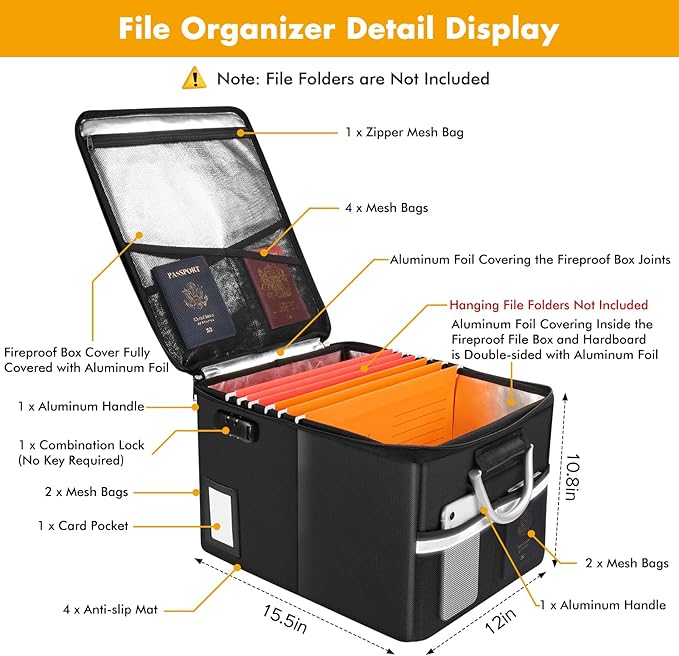 TOMKID Fireproof File Cabinet with Lock, Fireproof Document Organizer Collapsible File Box Filing Cabinet with Handle for Letter Legal Folder Certifications (Orange-Upgrade)