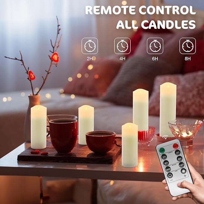 ALED LIGHT Real Wax Rechargeable Candles Flickering Realistic,Warm White Flameless Candles Rechargeable with Remote for Home Decor Idea Gift，Pack 5(D 2.2”X H 5”5.5”6”7”8”)