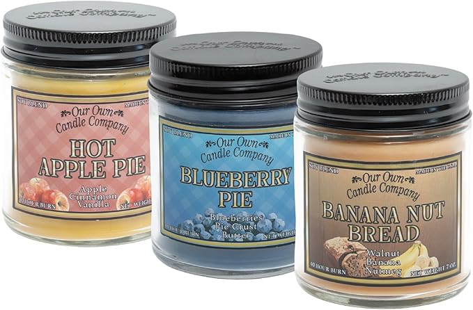 Our Own Candle Company, Apple Pie, Blueberry Pie, Banana Nut Bread Scented Mason Jar Candles, 40 Hour Burn Time, 7 Ounces (3 Pack)