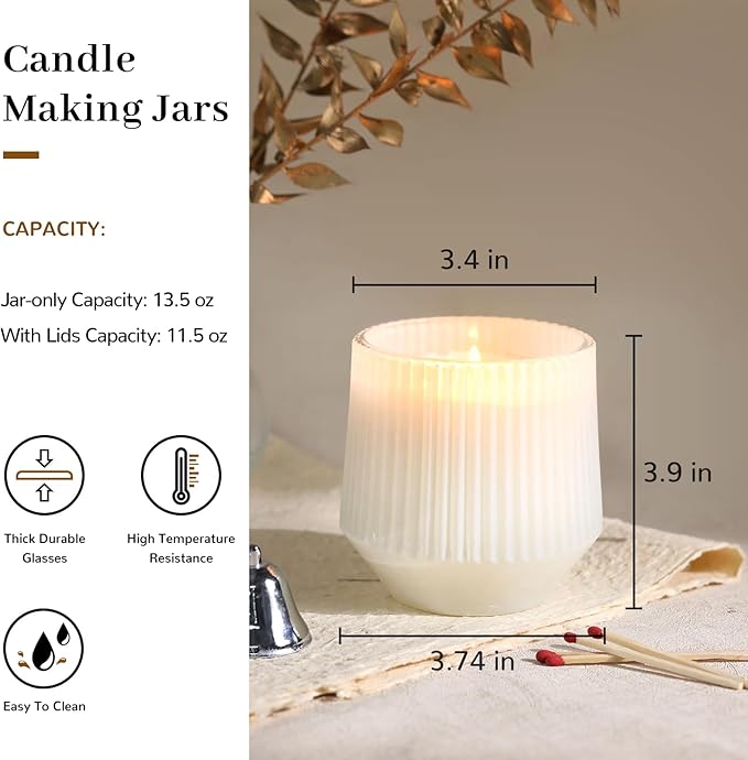 simeitol 13 OZ White Candle Jars for Making Candles - 6 Pack Ribbed Glass Candle Jars, with Bamboo Lids and Candle Wick Kit, Candle Making Jars Bulk for DIY