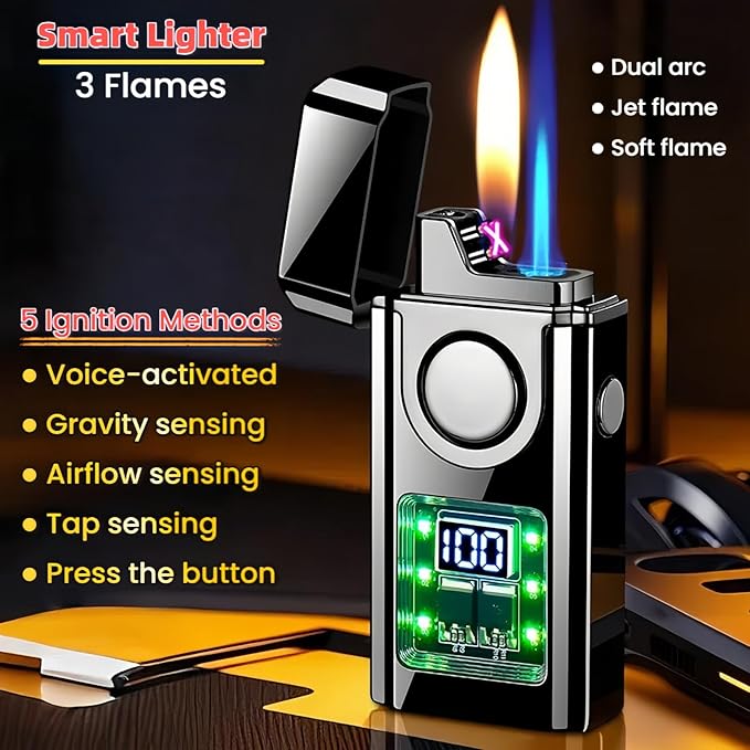 Smart Voice-Activated Lighter - 3 Flames (Blue Torch, Soft Flame & Dual Arc) - Windproof Refillable & Rechargeable Butane Lighters with Multiple Ignition Methods (Without Fuel) (Colored Ice)