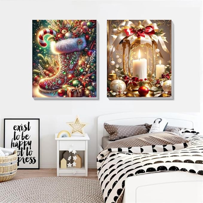2 pack Christmas Boots Paint by Numbers Kit for Adults Beginner With Framed,Candle Easy Adult Paint by Number Kits on Canvas DIY Painting for Beginners Art by Numbers for Home Wall Decor 10x12 Inch