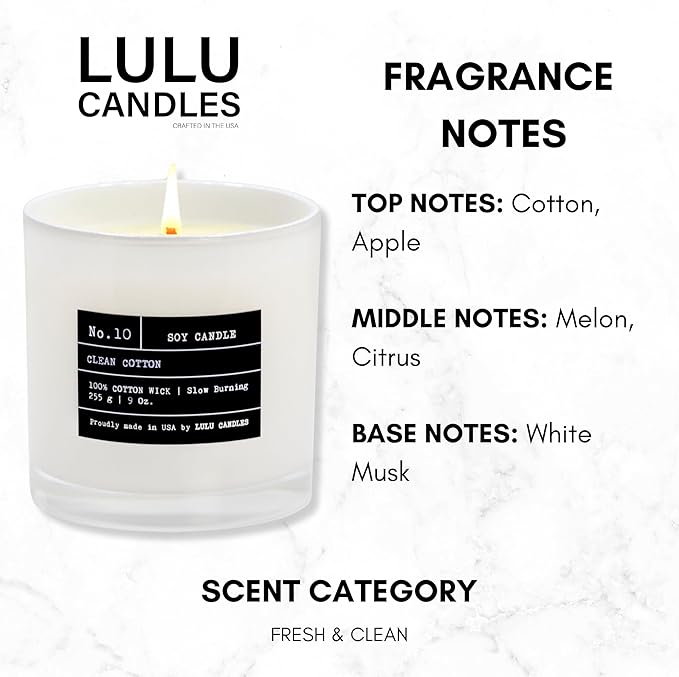 Lulu Candles | Clean Cotton (Linen) Scented Candle | Luxury Scented Soy Jar Candle | Hand Poured in The USA | Highly Scented Long Lasting - 9 Oz.