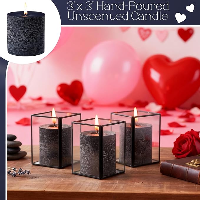 Sumind Valentine's Day Handmade 3x3 Inch Pillar Candles Set of 3, 24 Hour Long Burning Unscented Rustic No Drip Ivory Candles Hand Poured for Spring Home Decor, Weddings, Parties,Dinner,Church(Blue)