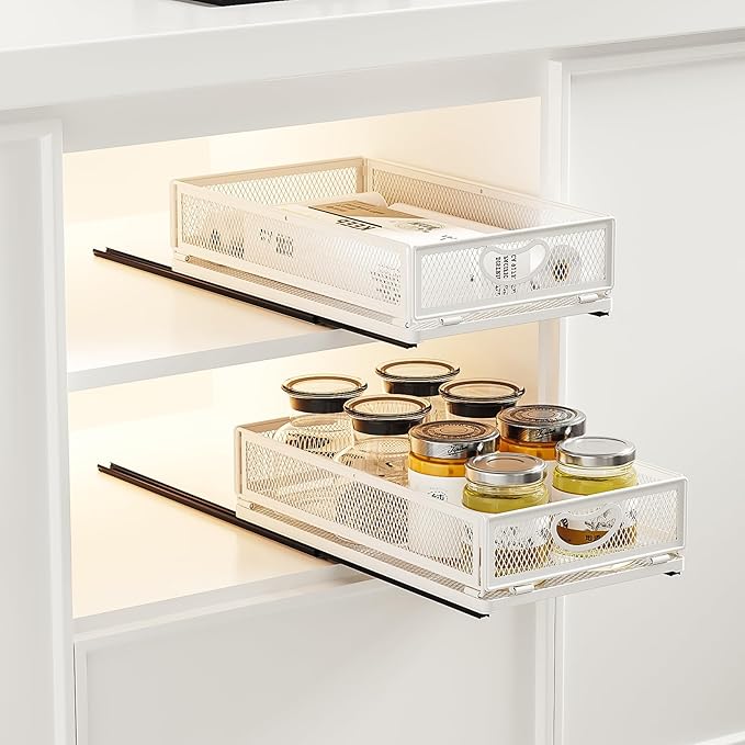 2 Pack Pull Out Cabinet Organizer, No Drill Adhesive Sliding Drawers for Kitchen, Metal Mesh Wire Storage Shelf for Pantry & Under Sink, White (9.6" W x 15.7" D x 3.9" H)