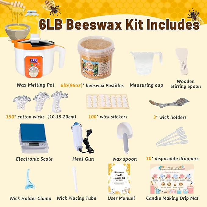 Beeswax for Candle Making, 6LB 100% Organic Beeswax Candle Making Kit with Digital Electric Wax Melter Pot, All-in-One DIY Bees Wax Candle Making Supplies Perfect for Large Batch & Home Crafting