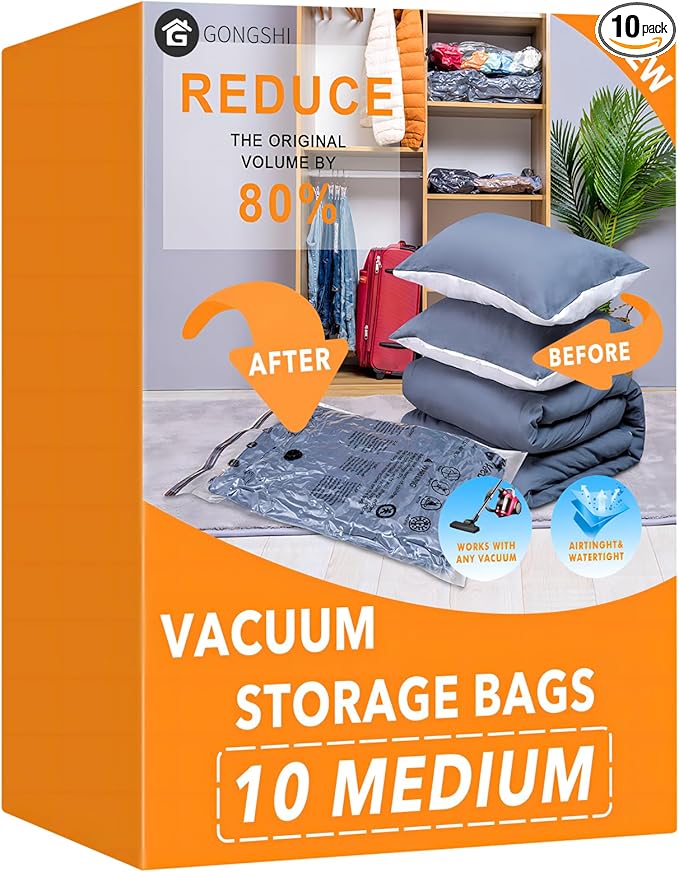GONGSHI Vacuum Storage Bags, Space Saver Seal Bags For Clothing, Blankets, Comforters, Pillows, Clothes Storage,Travel Luggage.10 M