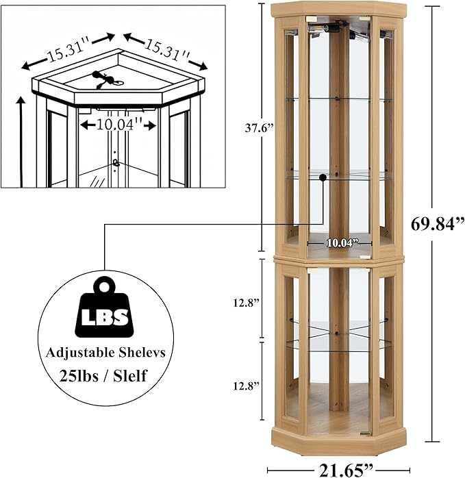 69" H Lighted Curio Cabinet Corner Display Case,Corner Glass Cabinets with Tempered Glass Door and Adjustable Shelves,Wooden Curio Cabinet with Mirrored Back Pane (Style 2 - Light Oak)