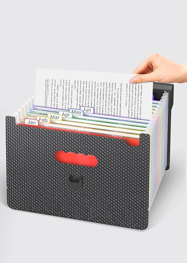 Expanding File Folder/Accordion File Organizer/Portable File Box with 13 Pockets,Fun Storage Filing Folders with Handle,Perfect for Standing and Carrying,A4/Letter Size,Colored Tabs,Black Diamond